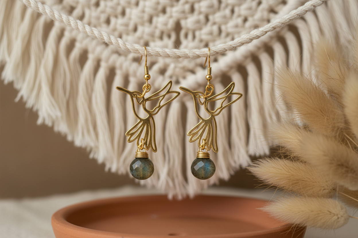 Labradorite hummingbird earrings - healing crystal earrings rainbow flash