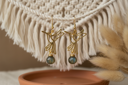 Labradorite hummingbird earrings - healing crystal earrings rainbow flash