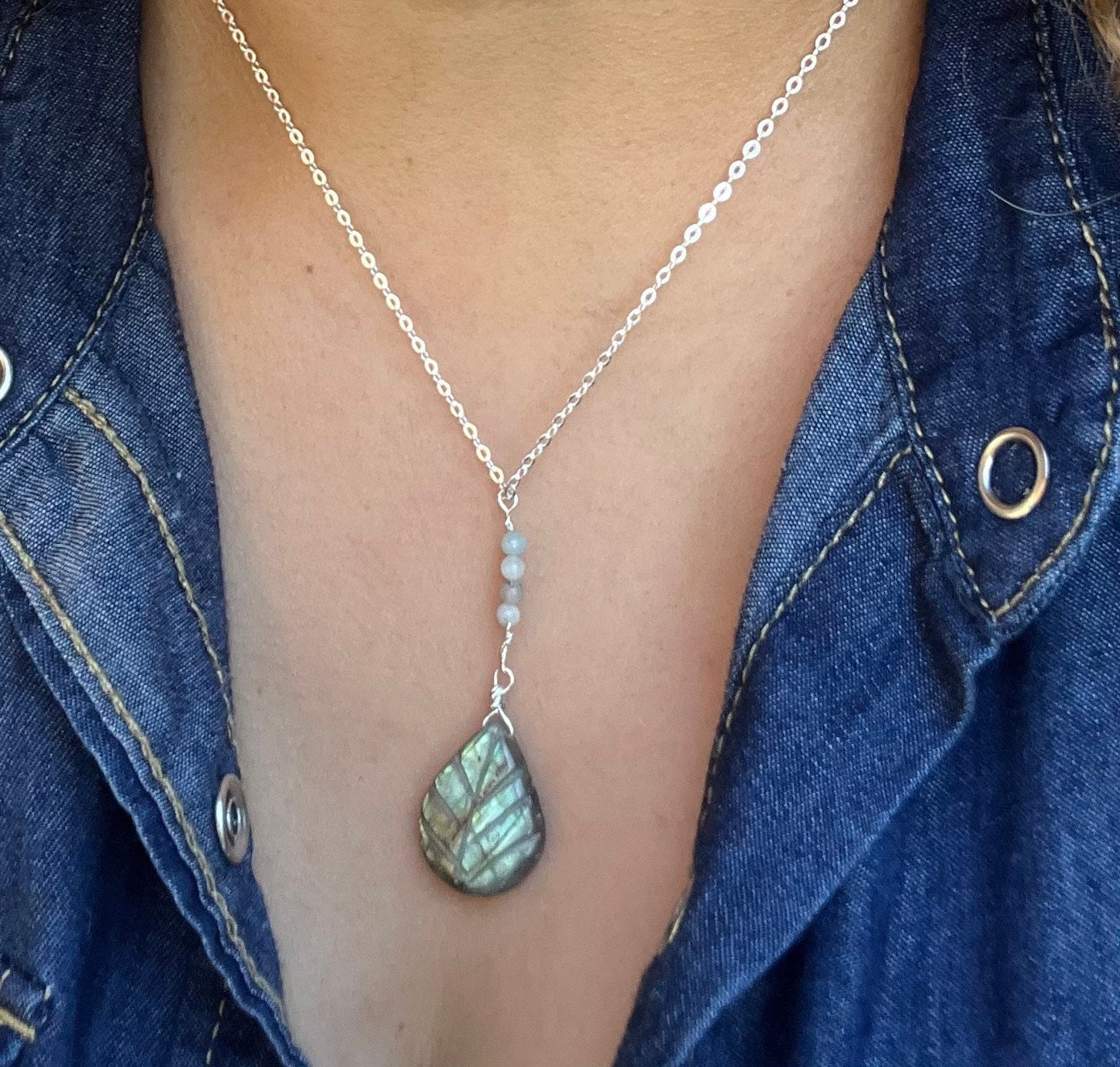 Labradorite lariat necklace 14k gold filled - healing crystal transformation stone jewelry