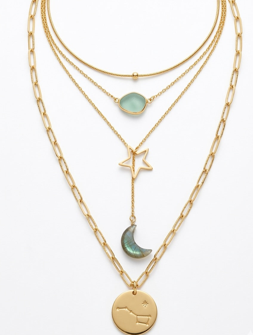 Labradorite moon and star Y-necklace showing chain threading through star element