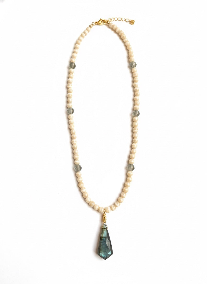 Labradorite necklace ivory cat eye beaded 16 inch - elegant one of a kind California handmade