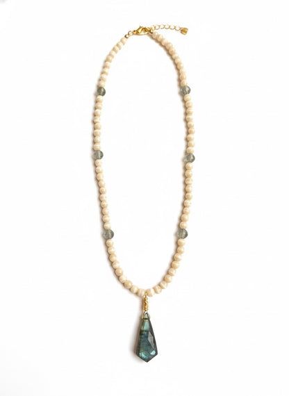 Labradorite necklace ivory cat eye beaded 16 inch - elegant one of a kind California handmade