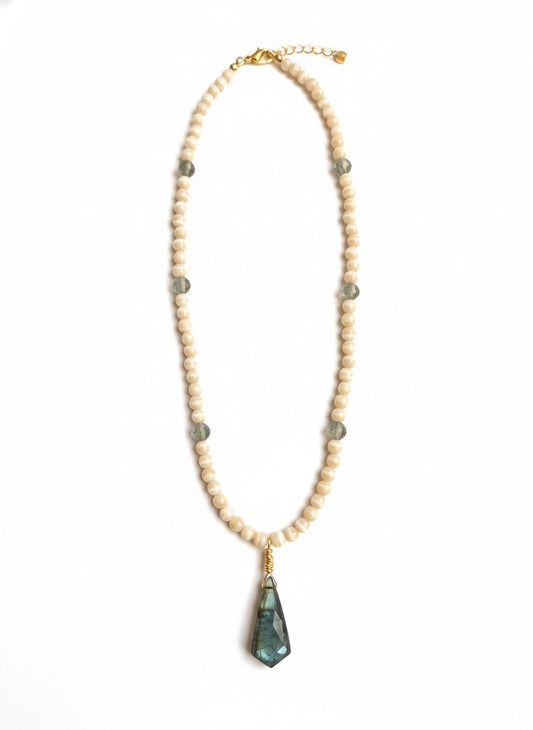 Labradorite necklace ivory cat eye beaded 16 inch - elegant one of a kind California handmade