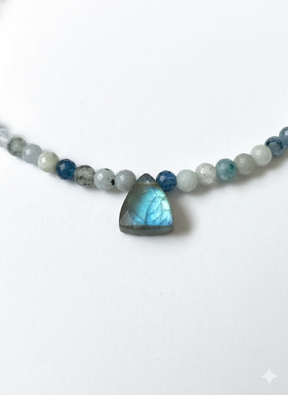 Labradorite necklace natural stone flash detail - blue green gold iridescent gemstone handmade