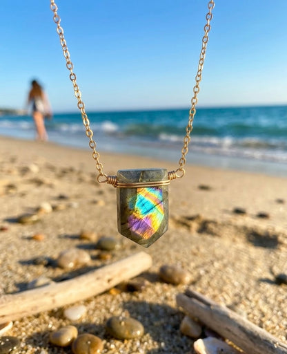 Labradorite necklace on model - boho mystical gemstone jewelry