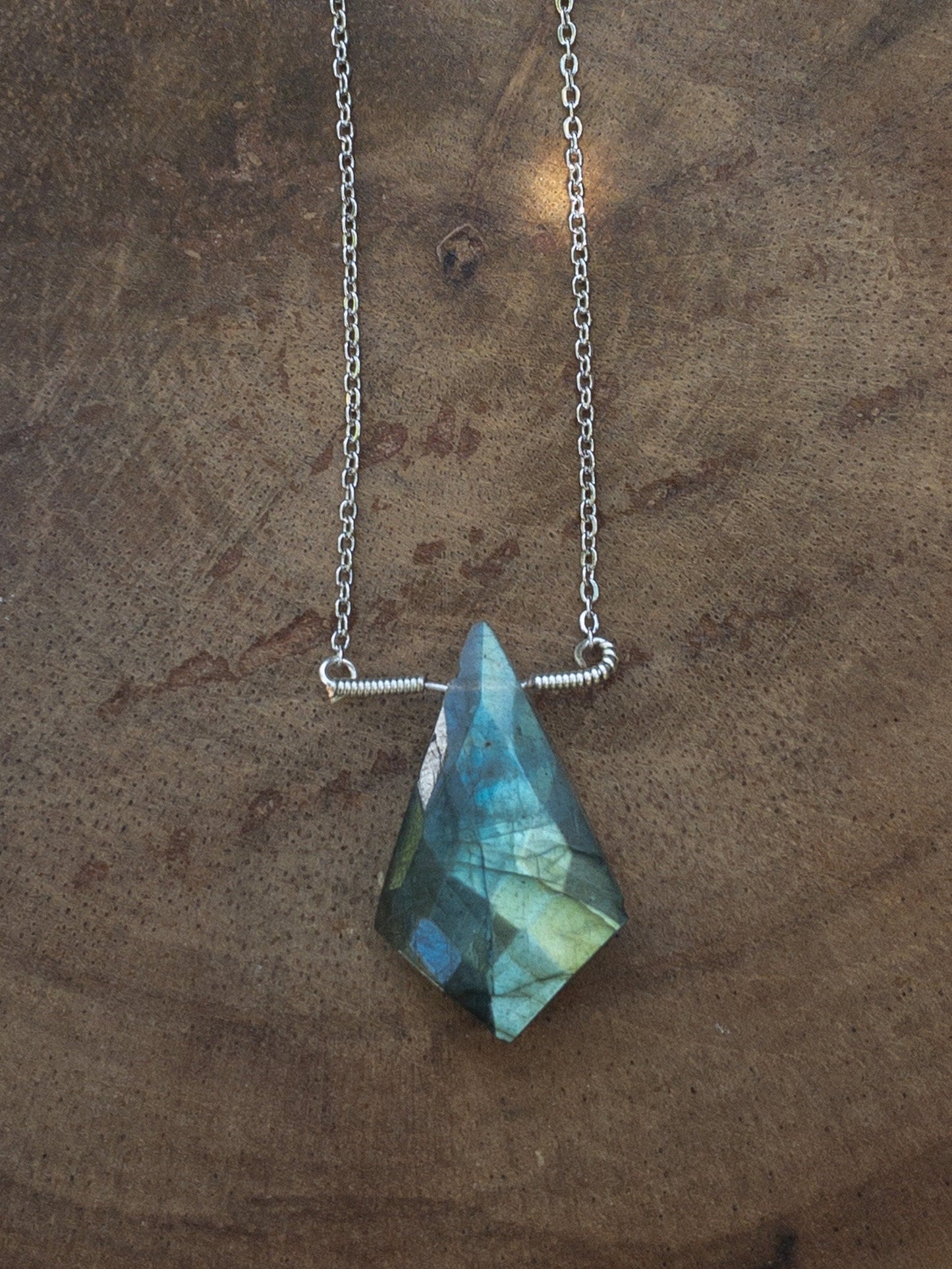 Labradorite point necklace on model - healing crystal jewelry 14K gold