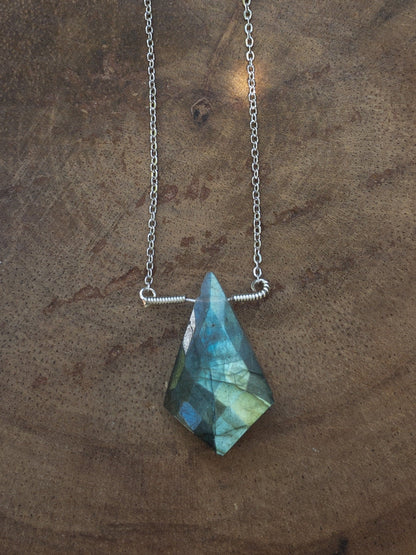 Labradorite point necklace on model - healing crystal jewelry 14K gold