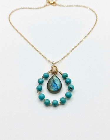 Labradorite turquoise necklace - wire wrapped gemstone pendant handmade jewelry
