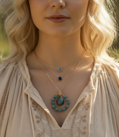Labradorite turquoise necklace on model - wire wrapped boho pendant everyday wear