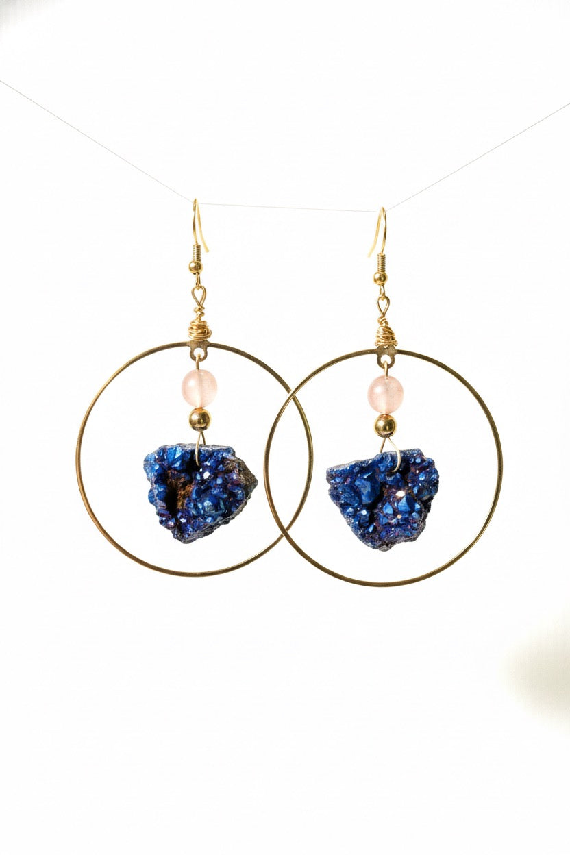 Lightweight violet druzy hoop earrings - natural gemstone statement earrings