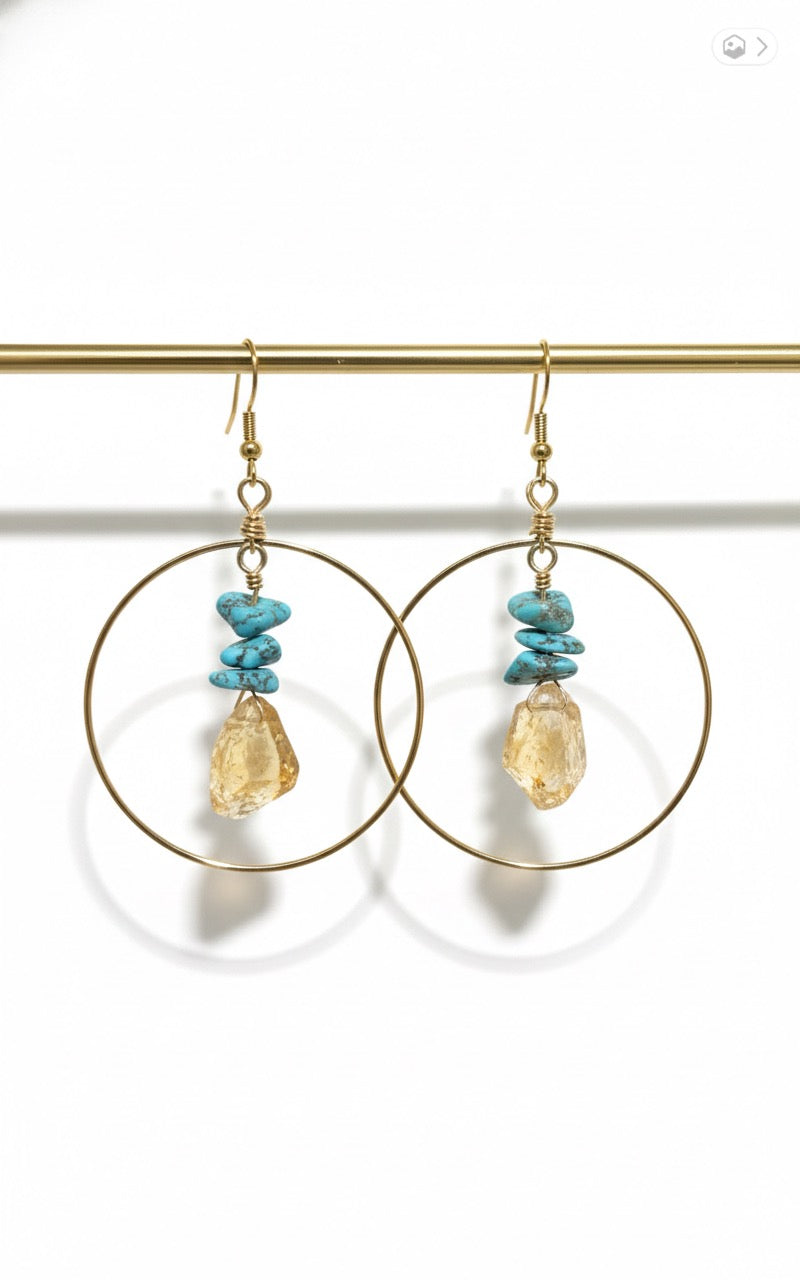 Lightweight western style hoop earrings featuring natural citrine and turquoise stones