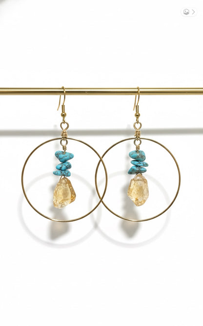 Lightweight western style hoop earrings featuring natural citrine and turquoise stones