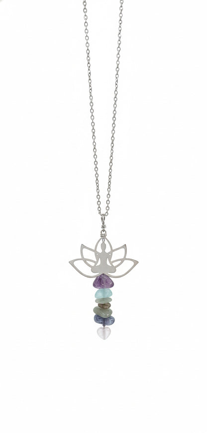Lotus yoga necklace meditation natural gemstone pendant stainless steel - hypoallergenic spiritual jewelry

