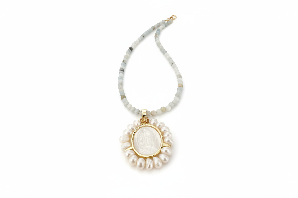 Miraculous Mary medal necklace with blue Amazonite stones - handmade Catholic jewelry California