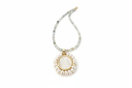 Miraculous Mary medal necklace with blue Amazonite stones - handmade Catholic jewelry California