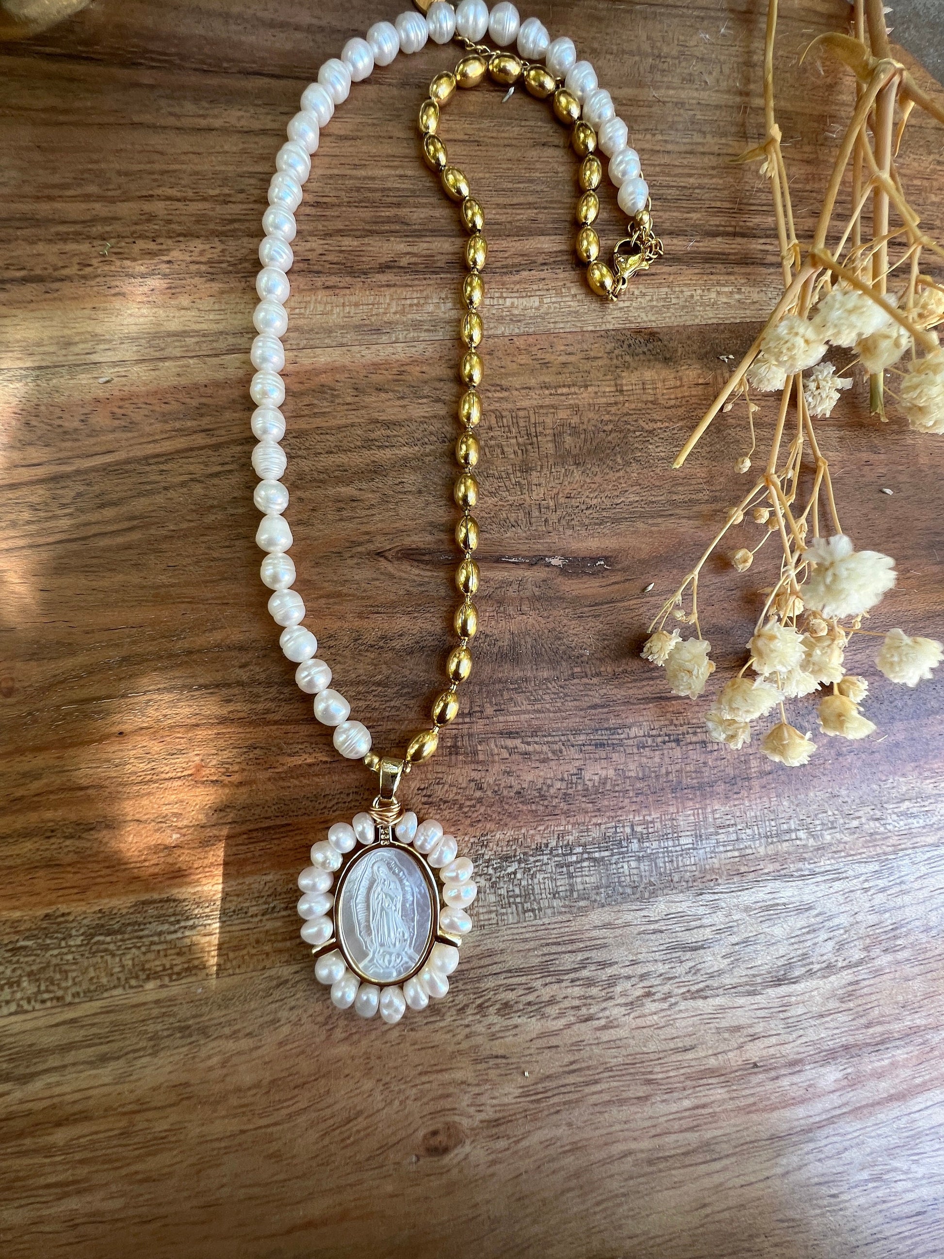 Miraculous medal pearl necklace - Mother Mary hand carved mother of pearl Catholic jewelry