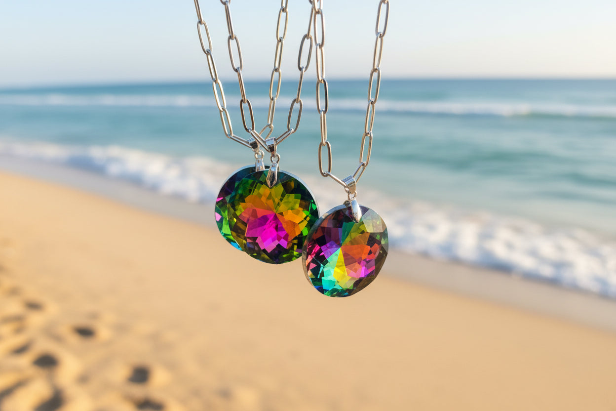 Modern paperclip necklace with rainbow crystals - California handmade jewelry