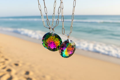 Modern paperclip necklace with rainbow crystals - California handmade jewelry