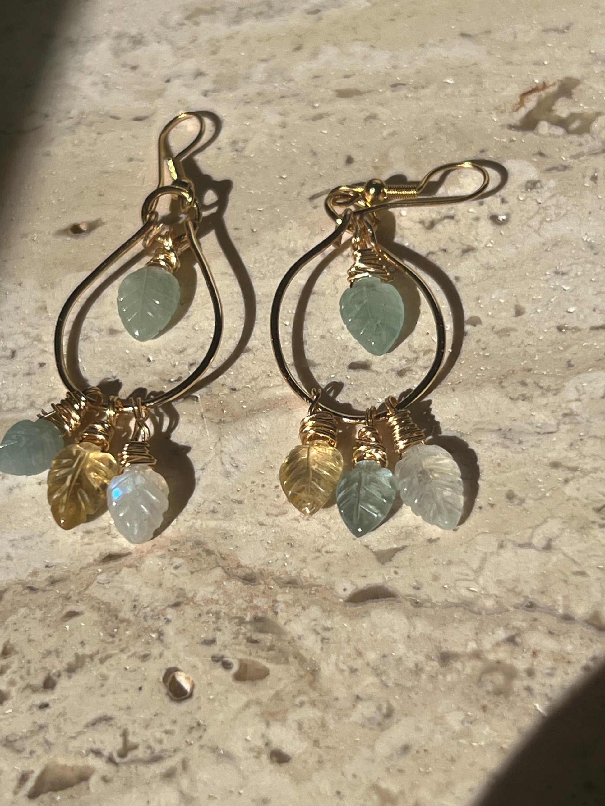Moonstone aquamarine earrings close up - natural gemstone leaf design hypoallergenic