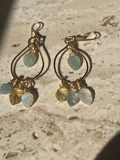 Moonstone aquamarine earrings close up - natural gemstone leaf design hypoallergenic