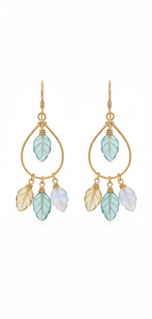 Moonstone aquamarine leaf earrings - hypoallergenic wire wrapped gemstone earrings