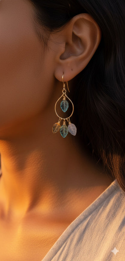 Moonstone aquamarine leaf earrings on model - handmade boho earrings California