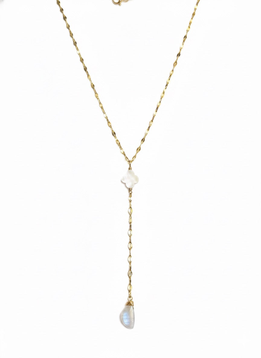 Moonstone pearl lariat necklace Y-shape 14K gold filled or sterling silver - bridal jewelry