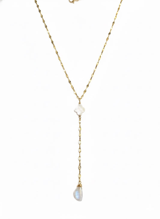 Moonstone pearl lariat necklace Y-shape 14K gold filled or sterling silver - bridal jewelry