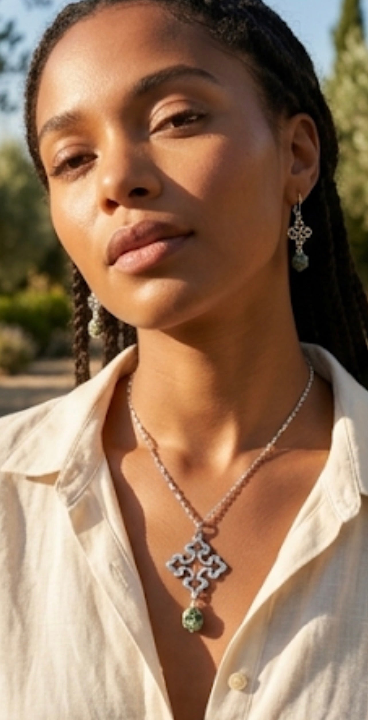 Moss green kyanite cross necklace set - natural stone waterproof hypoallergenic faith jewelry
