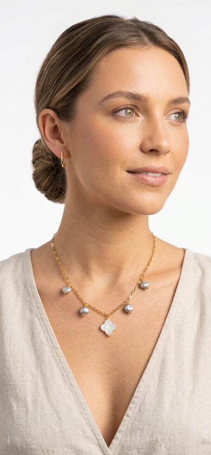 Mother of pearl clover freshwater pearl necklace 14K gold - hypoallergenic California handmade