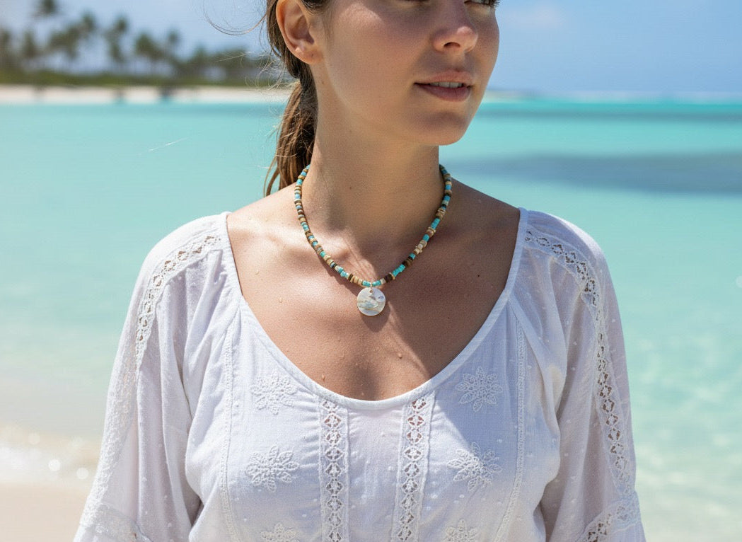 Mother of pearl landscape necklace iridescent shell inlay - handcrafted mountain scene pendant