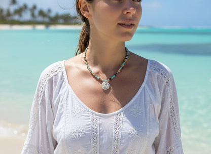 Mother of pearl landscape necklace iridescent shell inlay - handcrafted mountain scene pendant