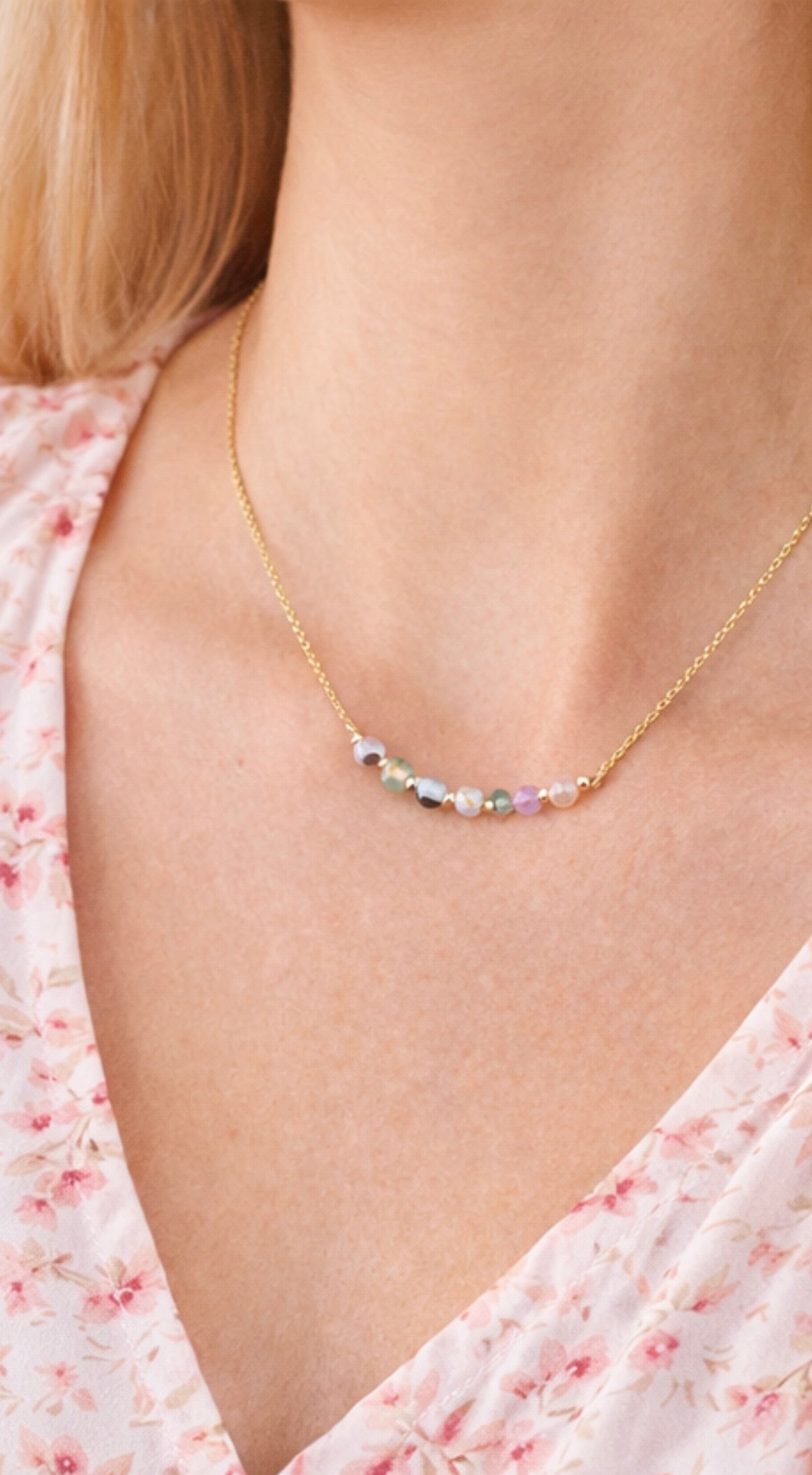 Multi-color tourmaline bar necklace on model - natural gemstone beads in pink green blue