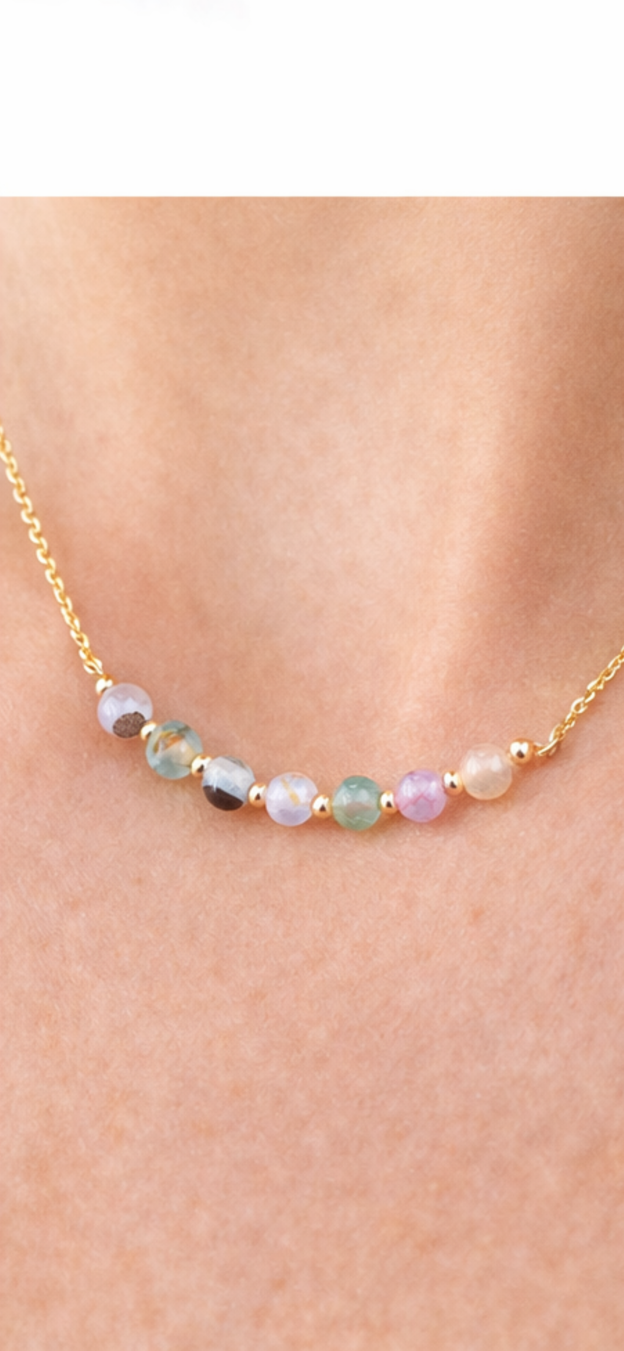 Multi-color tourmaline bar necklace on model - natural gemstone beads in pink green blue