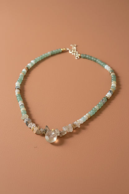 Multi gemstone beaded necklace - rutilated quartz citrine amazonite one of a kind