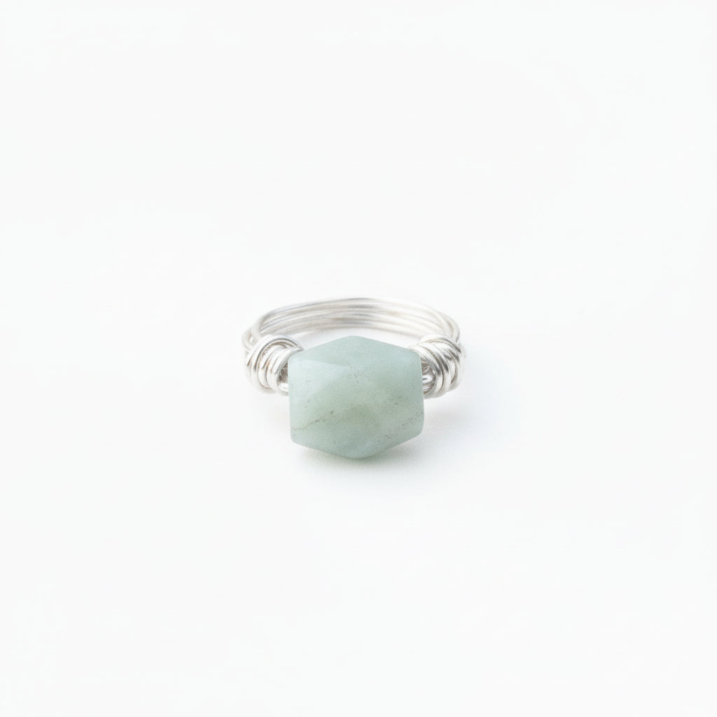 Natural Amazonite wire wrapped ring in gold plated finish - handcrafted healing stone jewelry by Odella