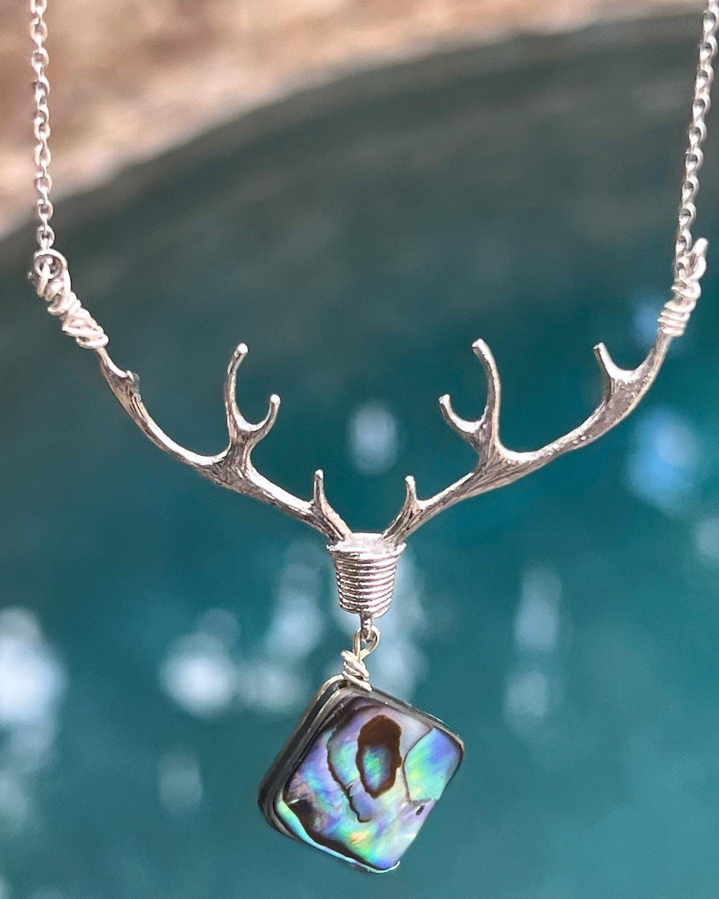 Natural abalone deer antler necklace - unique statement piece handmade jewelry