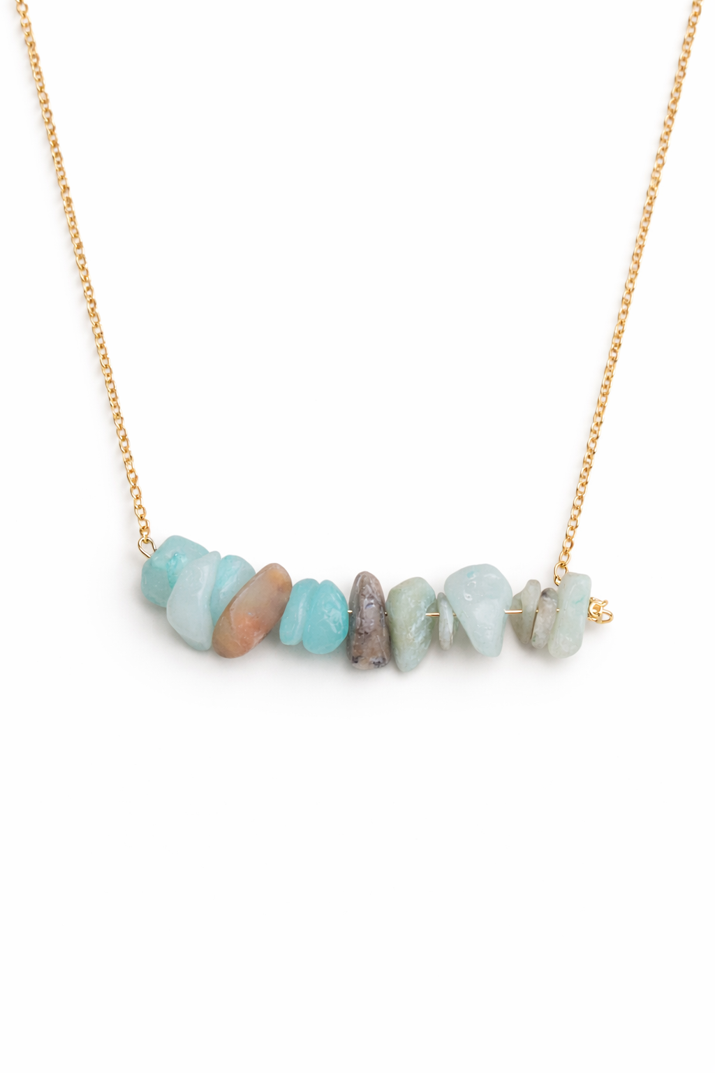 Natural amazonite beaded bar necklace close up - blue green gemstone detail