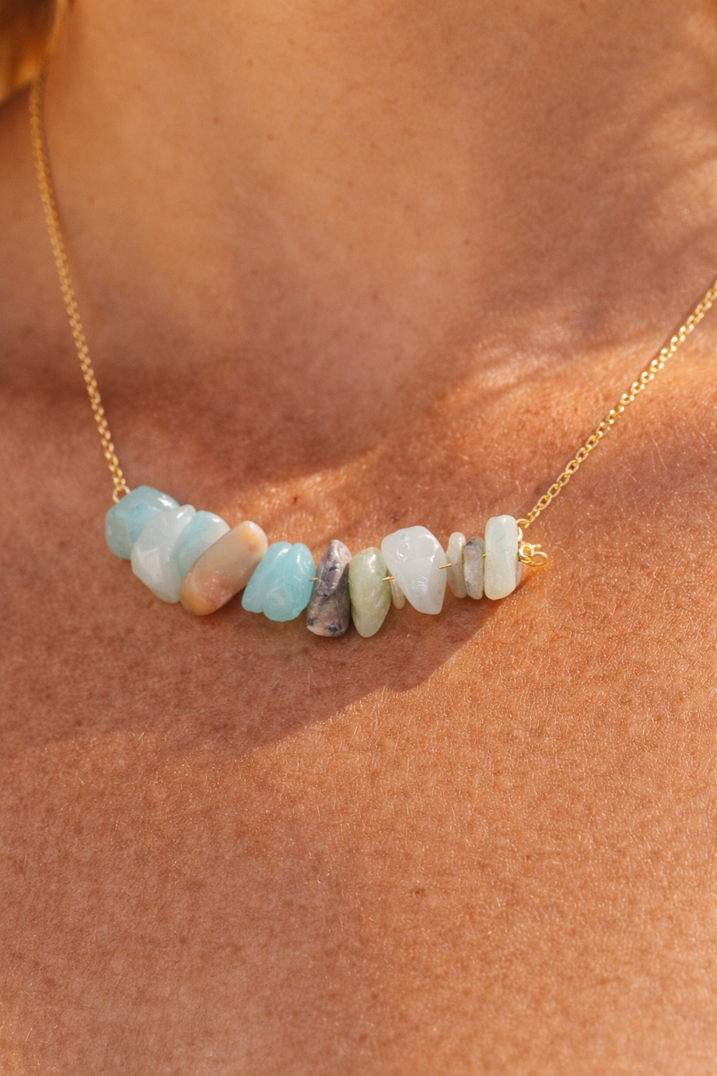 Natural amazonite beaded necklace detail - turquoise blue green stone bar pendant