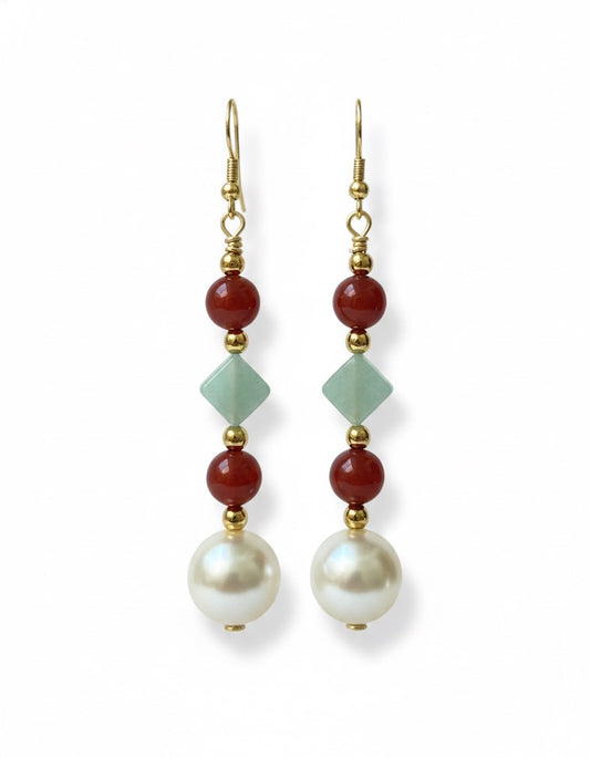 Natural amazonite pearl earrings - hypoallergenic blue green gemstone boho jewelry