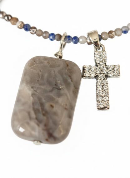 Natural amethyst pendant necklace cubic zirconia cross charm"