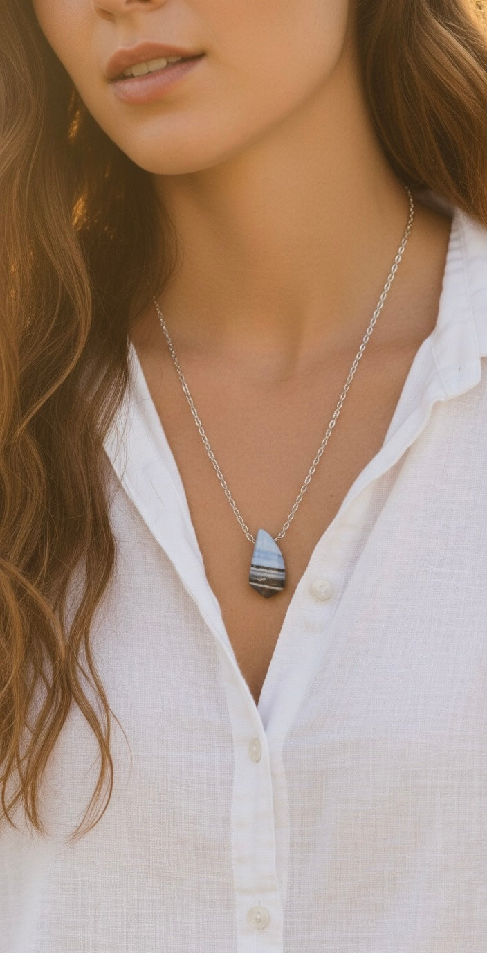 Natural blue opal gemstone necklace - boho tarnish resistant everyday necklace