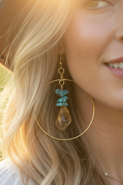 Natural gemstone hoop earrings with citrine and turquoise - hypoallergenic jewelry for sensitive ears