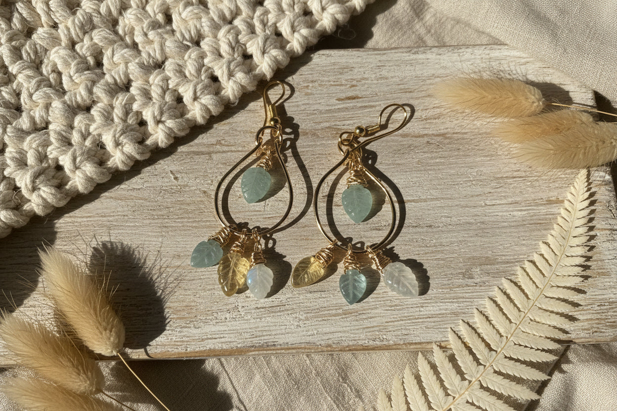 Natural gemstone leaf earrings - moonstone aquamarine hypoallergenic jewelry