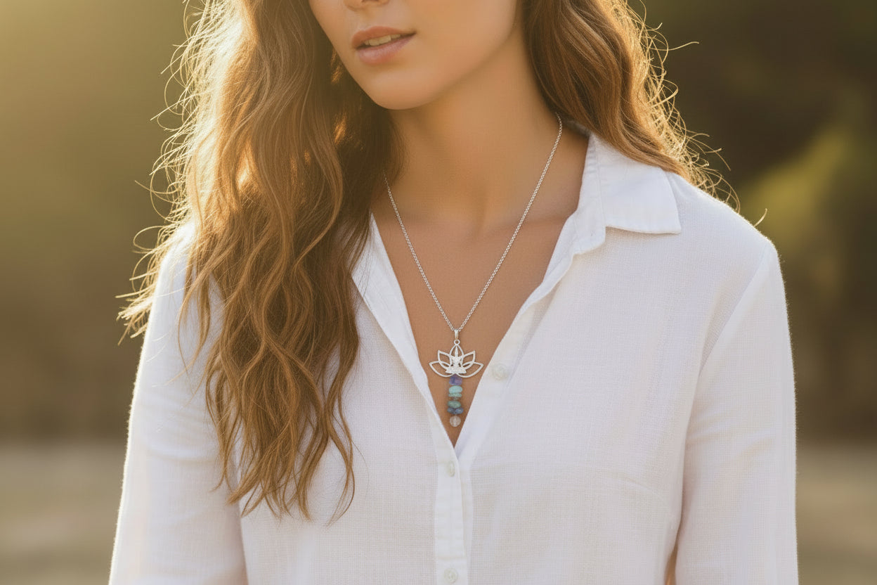 Natural gemstone necklace lotus pendant yoga pose - stainless steel healing jewelry