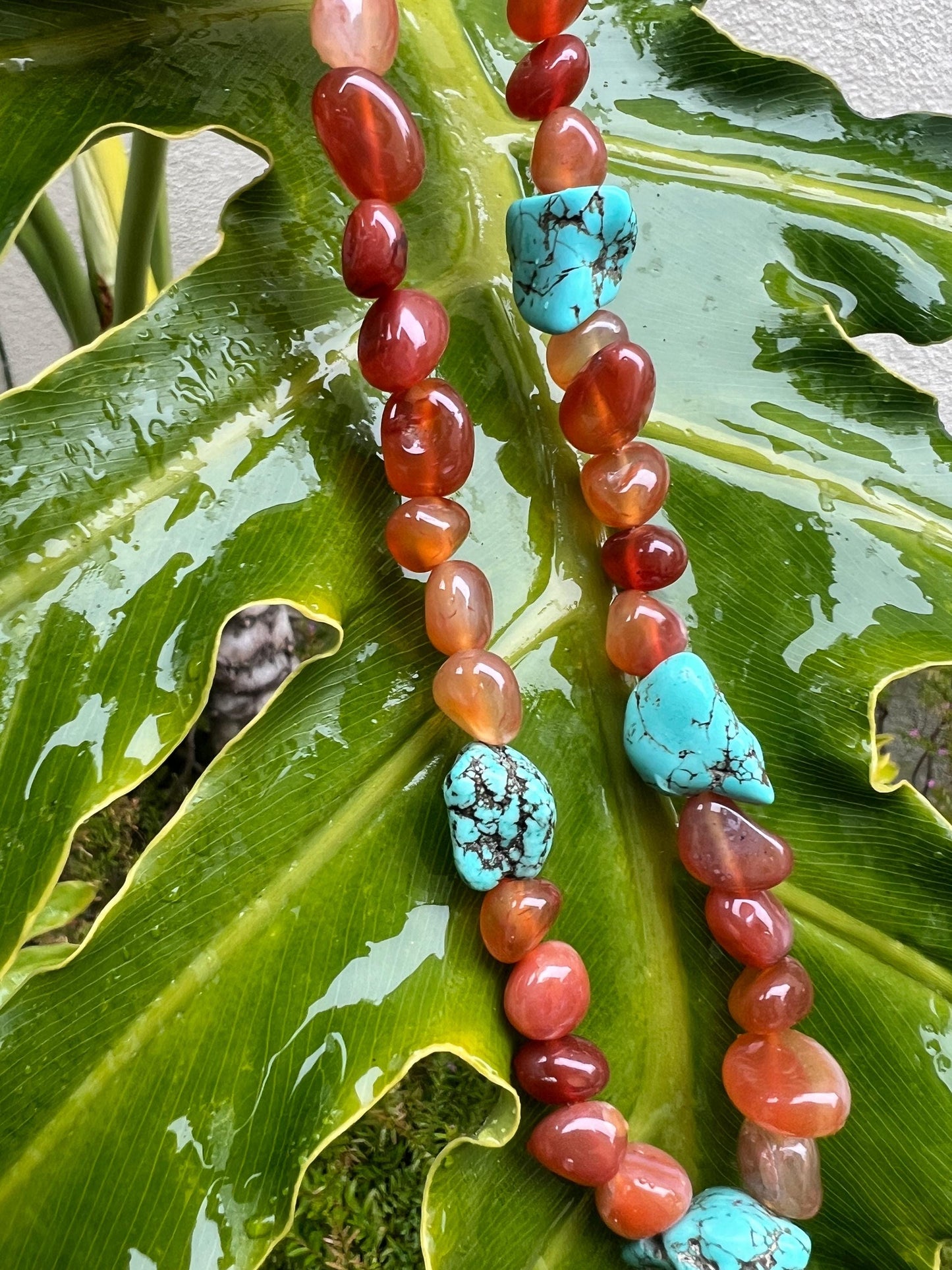 Natural gemstone necklace red agate turquoise - handmade boho jewelry gift for her