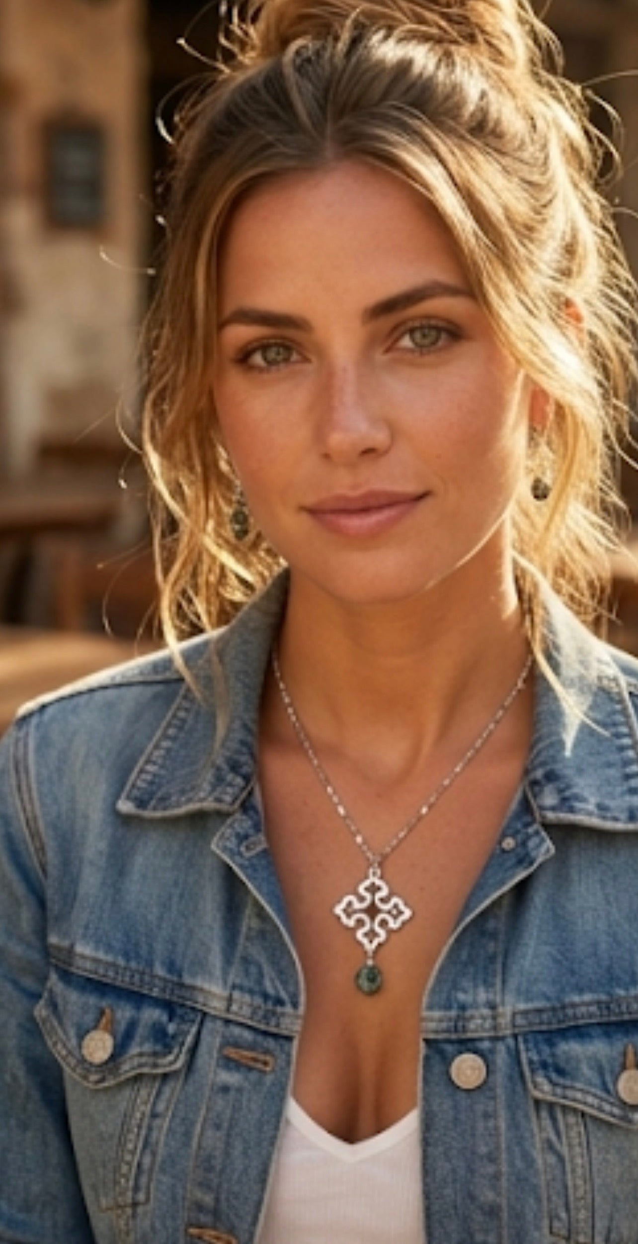  Natural kyanite cross jewelry set - moss green stone waterproof necklace earrings California made