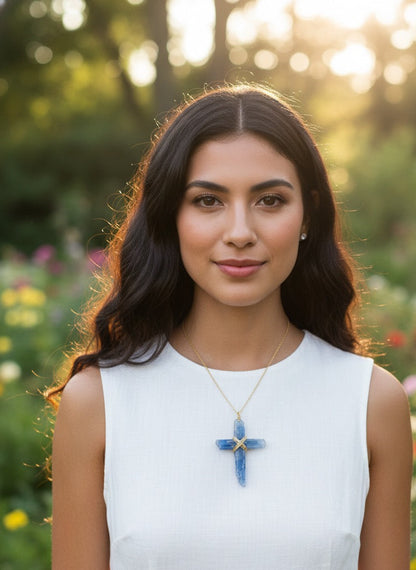 Natural kyanite cross necklace - handmade Christian spiritual jewelry gift