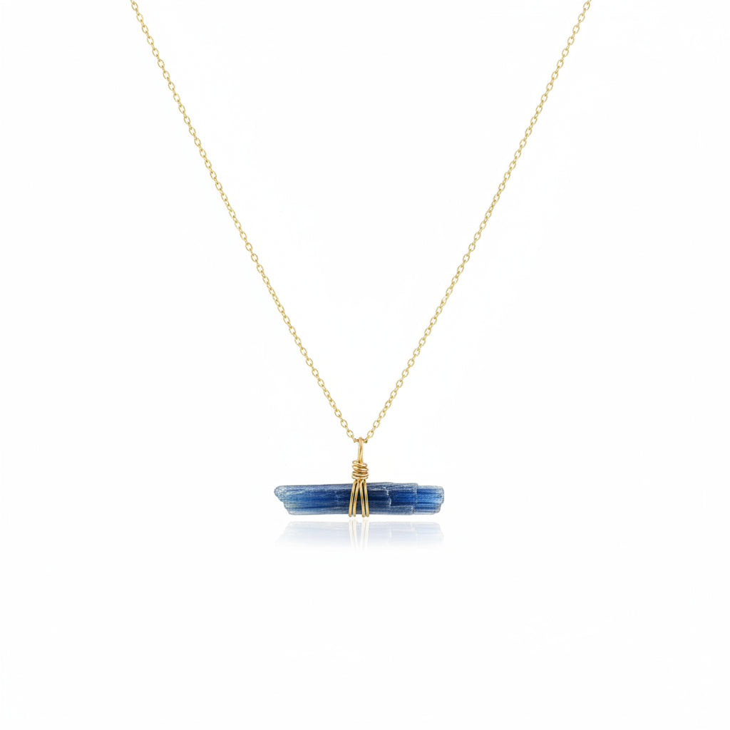 Natural kyanite necklace wire wrapped in 14k gold filled chain, handcrafted in California