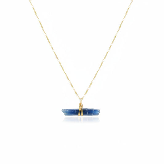 Natural kyanite necklace wire wrapped in 14k gold filled chain, handcrafted in California